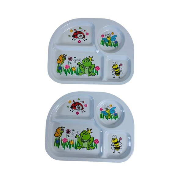Toddler Set Of 2 Childrens Melamine Dinner Plates 4 Compartment Frog Bugs VTG - Picture 10 of 10